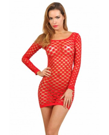 Sexy long-sleeved Fishnet Dress Rosso